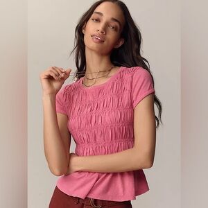Anthropologie Pink Smocked Short Sleeve Top
